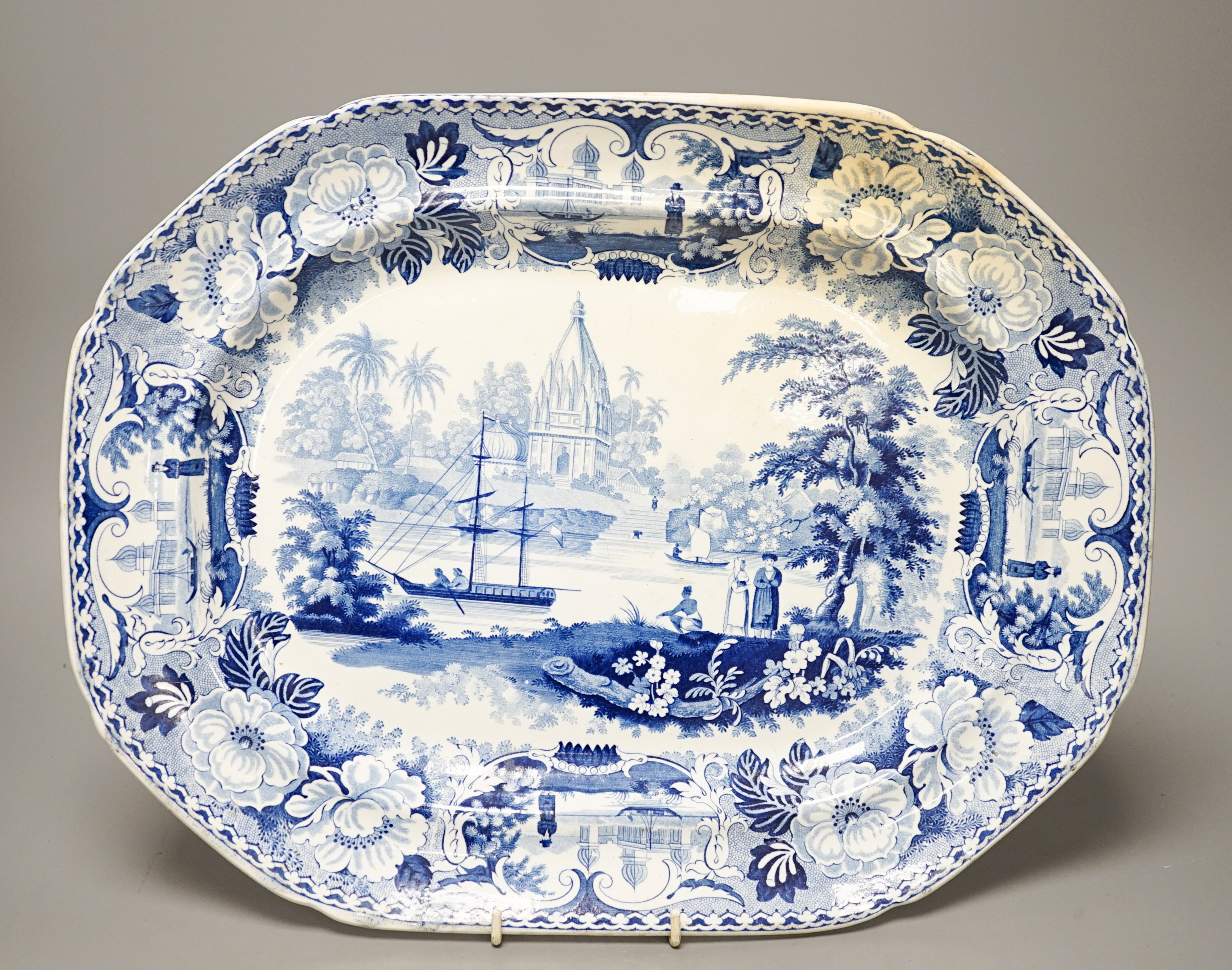 A Ridgway Oriental scenery blue and white platter, pagoda below Patna Azimabad 42cm